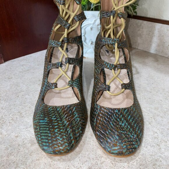 Vanessa Wu Ghillie Lace-Up Block Heels Size 38 US 7.5 Leather Upper Brown & Teal - Picture 11 of 12